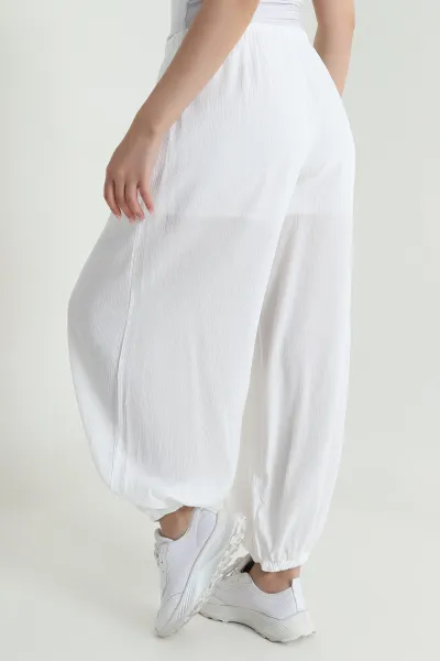 Beyaz Bel ve Paça Lastikli Krinkıl Kadın Şalvar Pantolon 466088