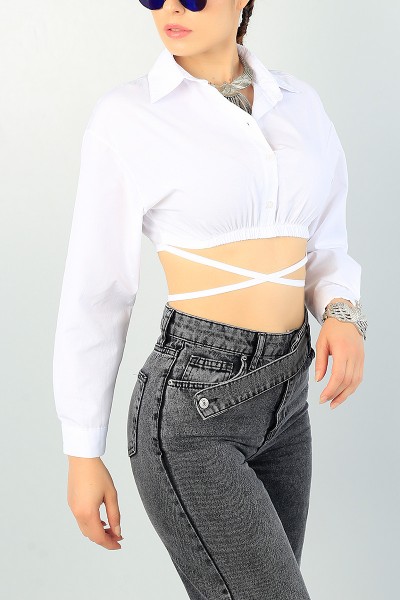 Beyaz Belden Bağlamalı Poplin Gömlek Bluz 67687