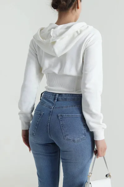 Beyaz Beli Korseli Şardonsuz Üç İp Kadın Fermuarlı Sweat 486166