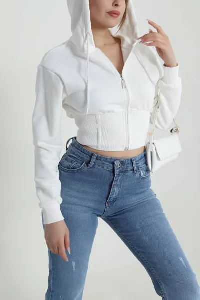 Beyaz Beli Korseli Şardonsuz Üç İp Kadın Fermuarlı Sweat 486166