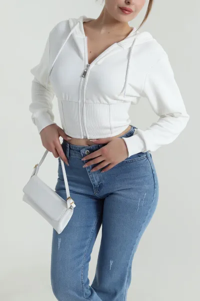 Beyaz Beli Korseli Şardonsuz Üç İp Kadın Fermuarlı Sweat 486166