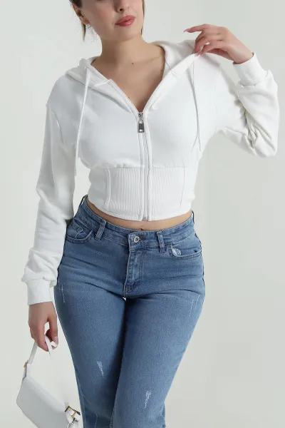 Beyaz Beli Korseli Şardonsuz Üç İp Kadın Fermuarlı Sweat 486166
