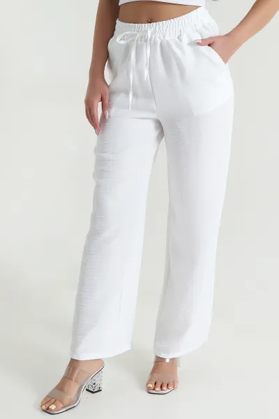 Beyaz Beli Lastikli Aerobin Keten Kadın Pantolon 469145