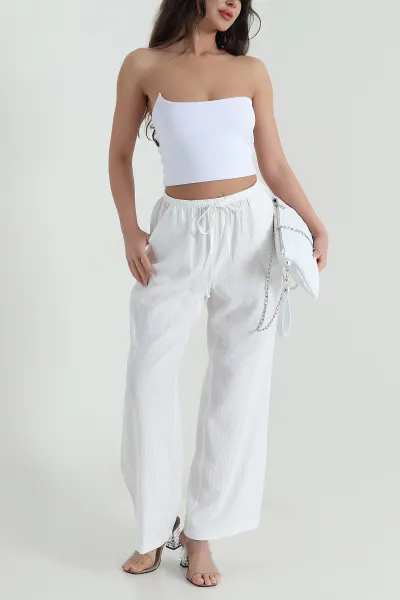 Beyaz Beli Lastikli Çilek Kadın Pantolon 459115