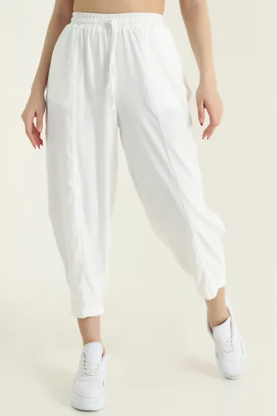 Beyaz Beli Lastikli Diagonel Kadın Şalvar Pantolon 433279
