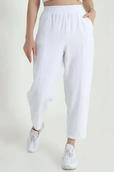 Beyaz Beli Lastikli Diagonel Modal Kadın Pantolon 467500