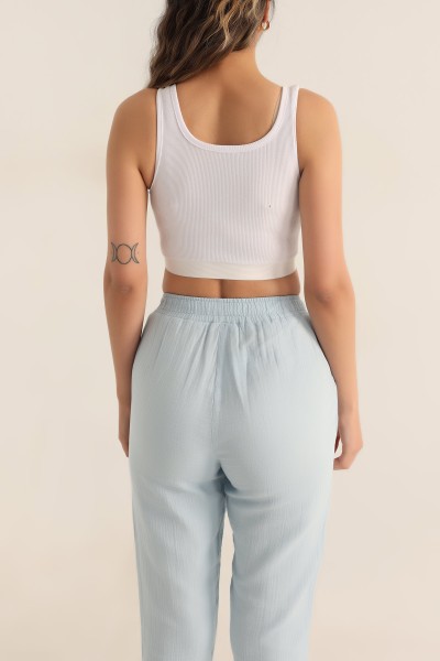 Beyaz Beli Lastikli Fitilli Likralı Crop 180264