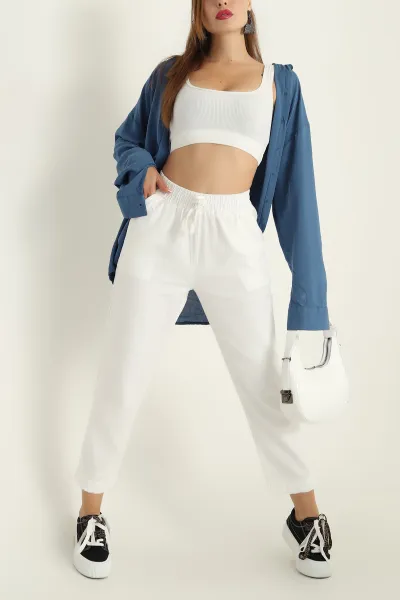 Beyaz Beli lastikli Gabardin Bayan Pantolon 297345