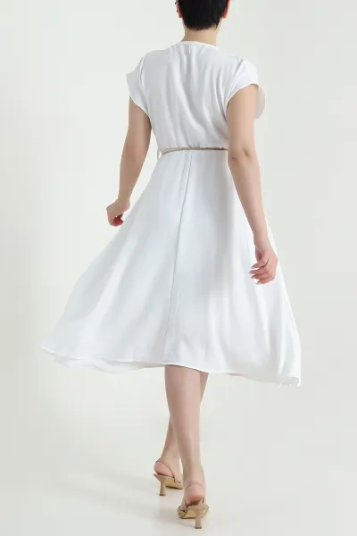 Beyaz Beli Lastikli Hasır Kemerli Kadın Keten Elbise 460135