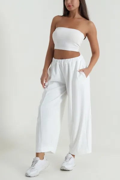 Beyaz Beli Lastikli Modal Kadın Şalvar Pantolon 487859