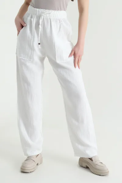 Beyaz Beli Lastikli Müslin Keten Kadın Pantolon 451557