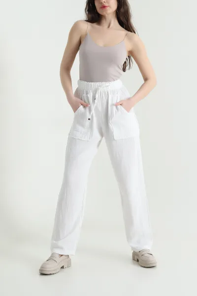 Beyaz Beli Lastikli Müslin Keten Kadın Pantolon 451557