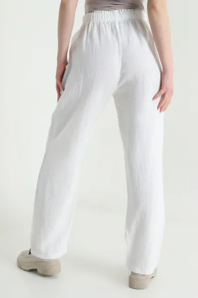 Beyaz Beli Lastikli Müslin Keten Kadın Pantolon 451557