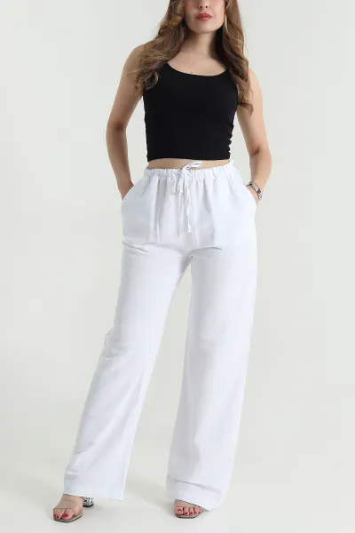 Beyaz Beli Lastikli Palazzo Kadın Keten Pantolon 478621
