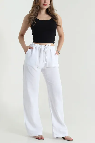 Beyaz Beli Lastikli Palazzo Kadın Keten Pantolon 478621