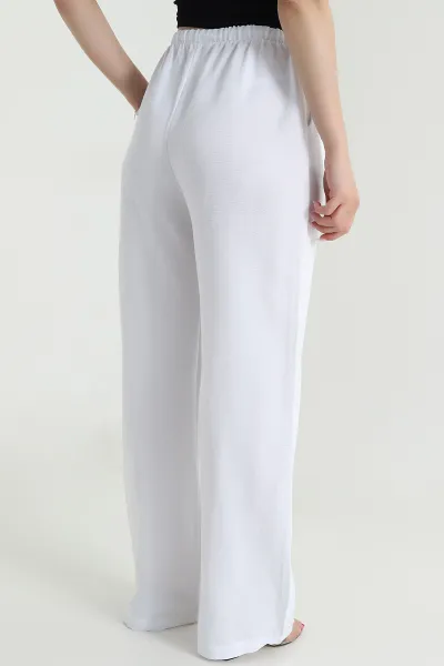Beyaz Beli Lastikli Palazzo Kadın Keten Pantolon 478621