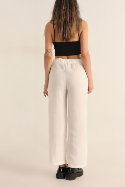 Beyaz Beli Lastikli Rahat Kalıp Keten Pantolon 186479