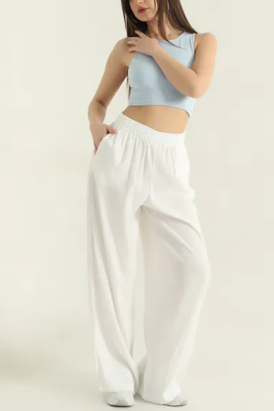 Beyaz Beli Lastikli Tensel Kadın Pantolon 359215