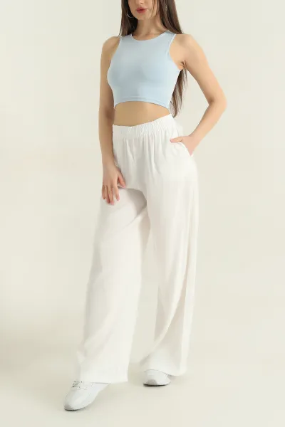 Beyaz Beli Lastikli Tensel Kadın Pantolon 359215