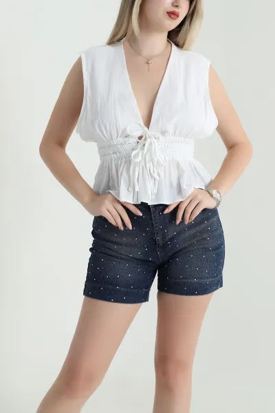 Beyaz Beli Sıkmalı Krinkıl Kadın Bluz 466089