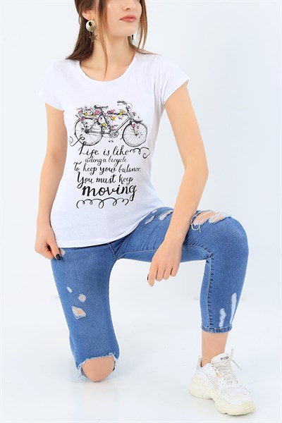 Beyaz Bisiklet Baskılı Bayan Tişört 27543B