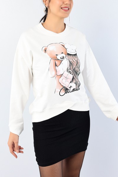 Beyaz Bisiklet Yaka Baskılı Bayan Sweat 75209
