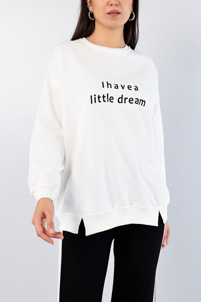 Beyaz Bisiklet Yaka Baskılı Bayan Sweat 76510