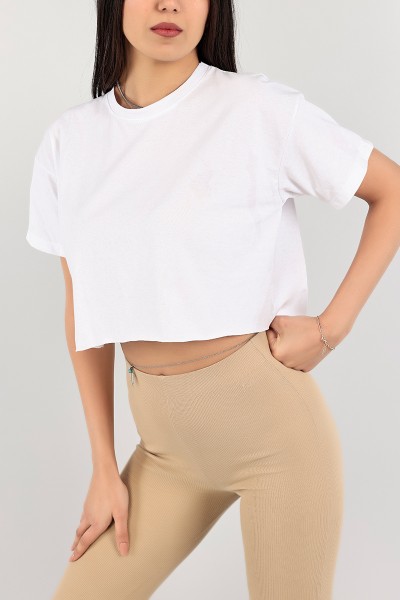 Beyaz Bisiklet Yaka Crop Tişört 104646