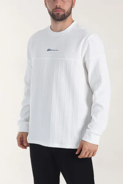 Beyaz Bisiklet Yaka Dokulu Nakış Detaylı Erkek Sweatshirt 406949