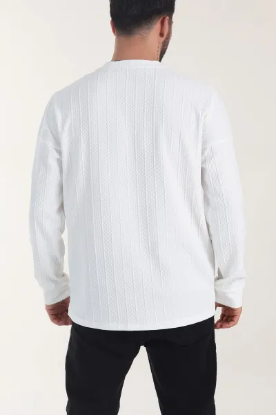 Beyaz Bisiklet Yaka Dokulu Nakış Detaylı Erkek Sweatshirt 406949