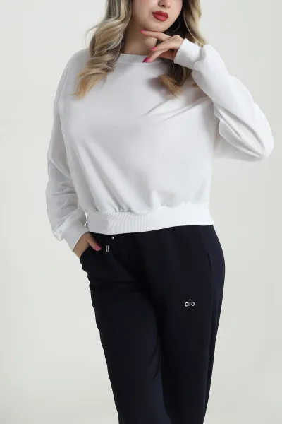 Beyaz Bisiklet Yaka İki İp Kadın Sweat 484275