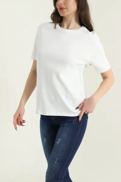Beyaz Bisiklet Yaka İnterlok Kadın Tişört 435243
