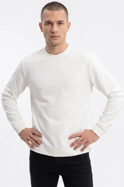 Beyaz Bisiklet Yaka Kabartma Detaylı Erkek Sweatshirt 482804