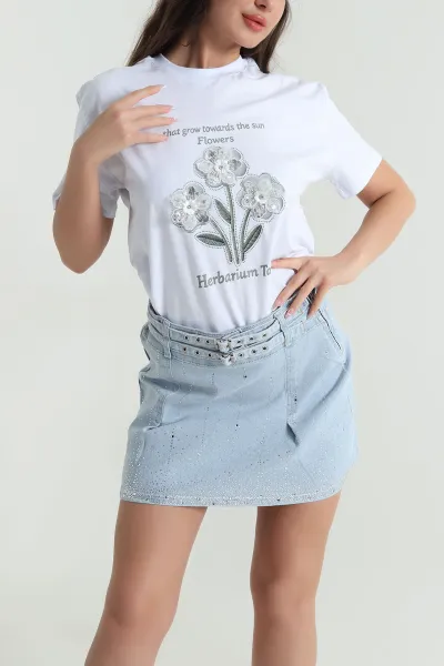 Beyaz Bisiklet Yaka Kadın Süprem Tişört 463728