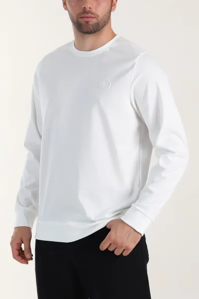 Beyaz Bisiklet Yaka Likralı Erkek Sweatshirt 410583