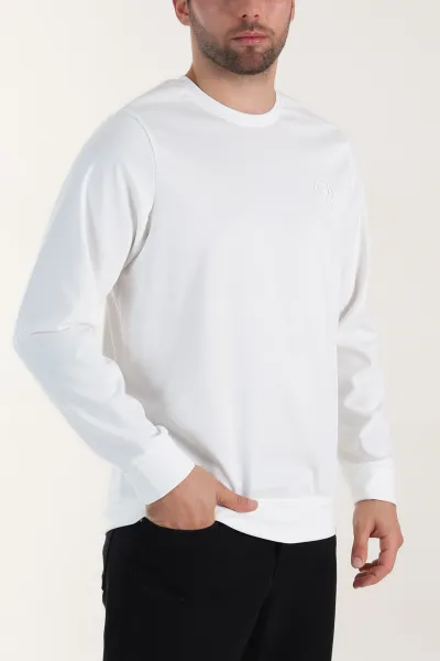 Beyaz Bisiklet Yaka Likralı Erkek Sweatshirt 410583