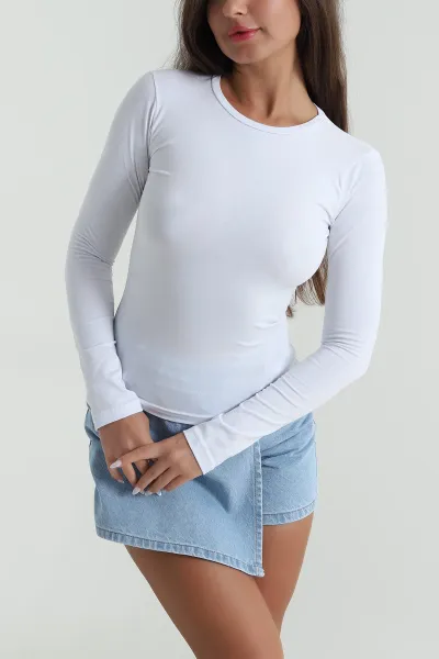 Beyaz Bisiklet Yaka Likralı Kadın Bluz 487856
