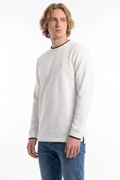 Beyaz Bisiklet Yaka Nakış Detay Erkek Sweatshirt 492010