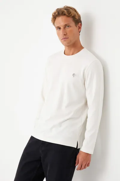 Beyaz Bisiklet Yaka Sırt Nakış Detaylı Erkek Sweatshirt 491994