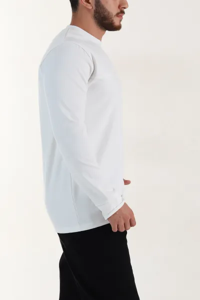Beyaz Bisiklet Yaka Uzun Kollu Erkek Sweatshirt 396902