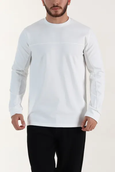 Beyaz Bisiklet Yaka Uzun Kollu Erkek Sweatshirt 396902