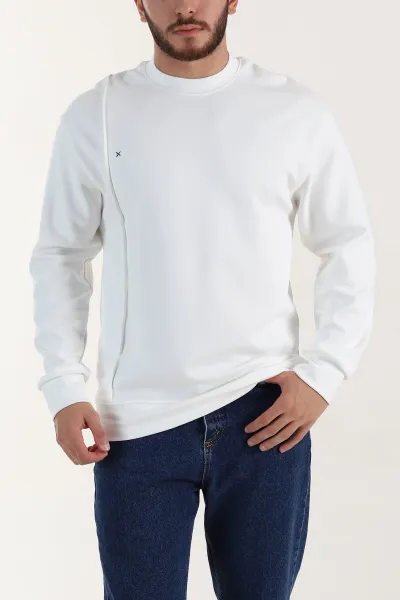 Beyaz Bisiklet Yaka Uzun Kollu Erkek Sweatshirt 396971