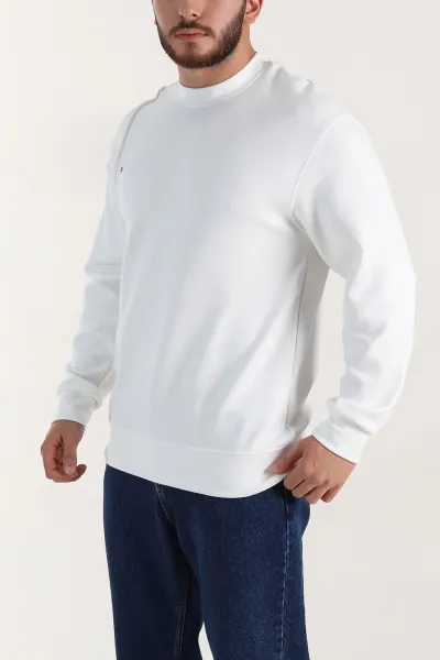Beyaz Bisiklet Yaka Uzun Kollu Erkek Sweatshirt 396971