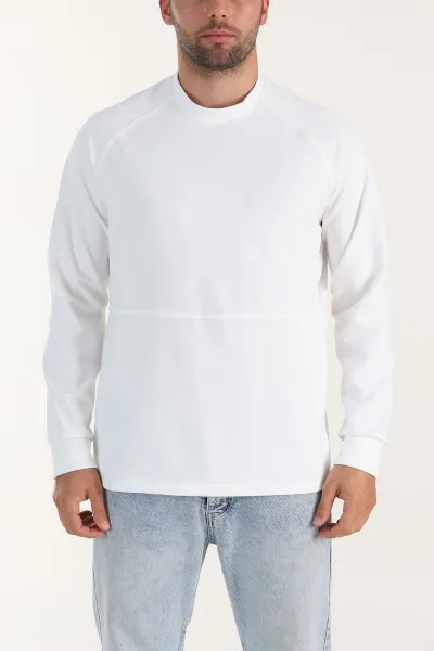 Beyaz Bisiklet Yaka Uzun Kollu Erkek Sweatshirt 396982