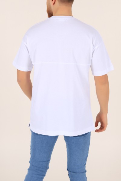 Beyaz Bisiklet Yaka Yazı Detay Oversize Erkek Tişört 169716
