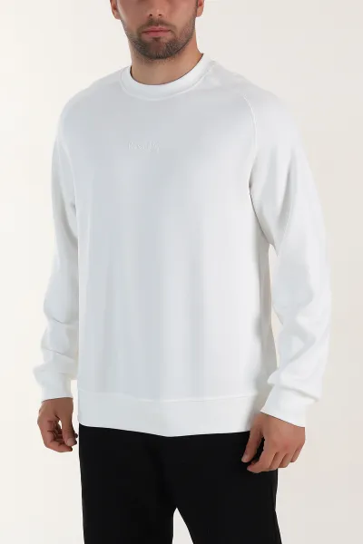 Beyaz Bisiklet Yaka Yazı Detaylı Erkek Sweatshirt 396245