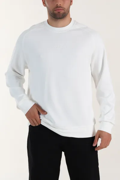 Beyaz Bisiklet Yaka Yazı Detaylı Erkek Sweatshirt 396245