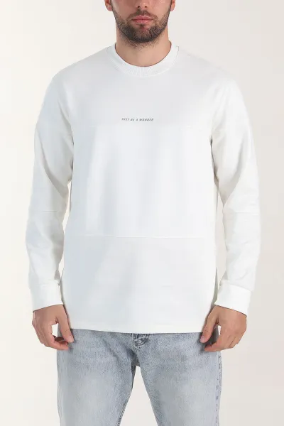 Beyaz Bisiklet Yaka Yazı Detaylı Erkek Sweatshirt 404794