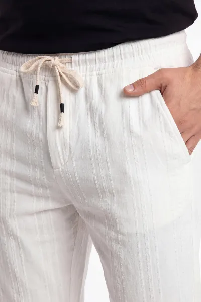Beyaz Boyfriend Ham Keten Belden Bağlamalı Erkek Pantolon 459597
