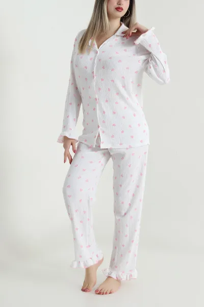 Beyaz Bürümcük Düğmeli Kadın Pijama Takımı 493648